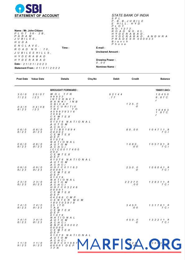 Blank USA State Bank of India bank statement word 3 pages sample